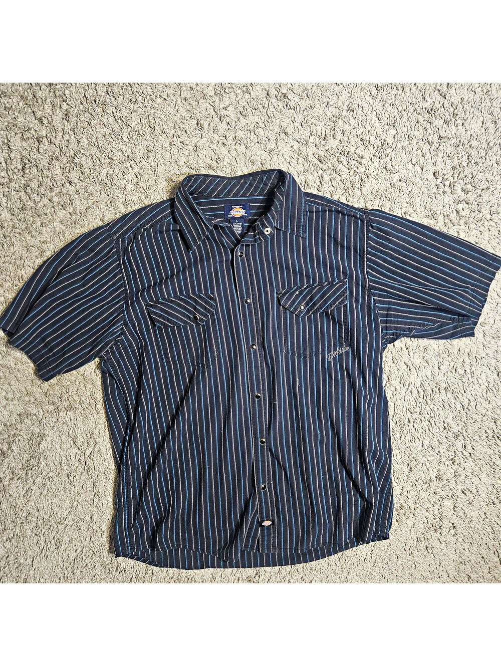 Dickies Genuine Men's Large Black Blue Gray Striped Cotton Woven Button-Up Shirt